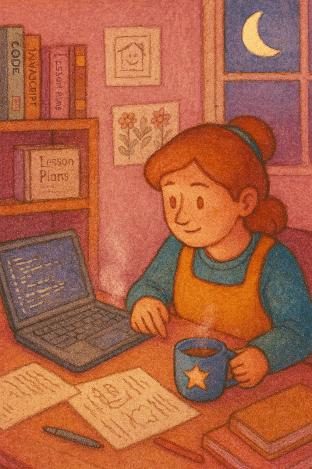 Emma coding late at night, integrating Gemini into her storybook generator